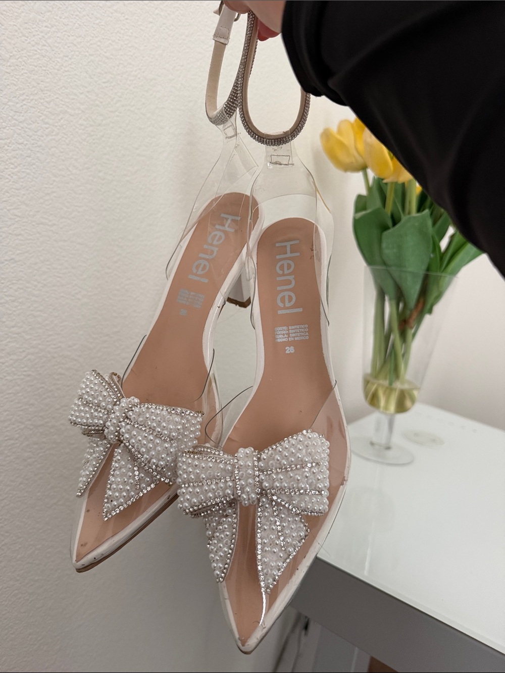 Clear Pointed Toe Slingback with Pearl Bow - White